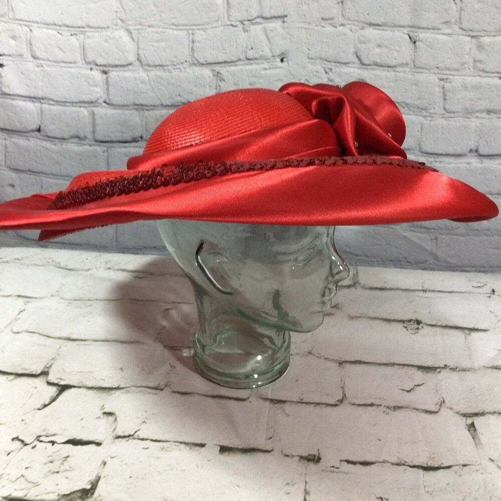 Vintage Mr. Hi’s Hat Red Kentucky‎ Derby Satin Jeweled Rose Showstopper Church